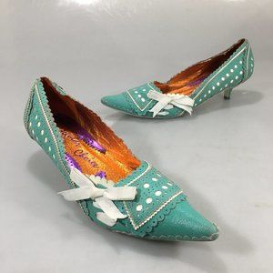Irregular Choice 40 9US Teal White Polka Dot Ribbon Leather Pumps Kitten Heels